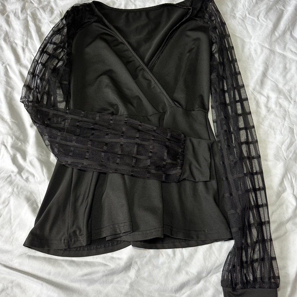 Black mesh long sleeve blouse with ruffle detail #work #office
